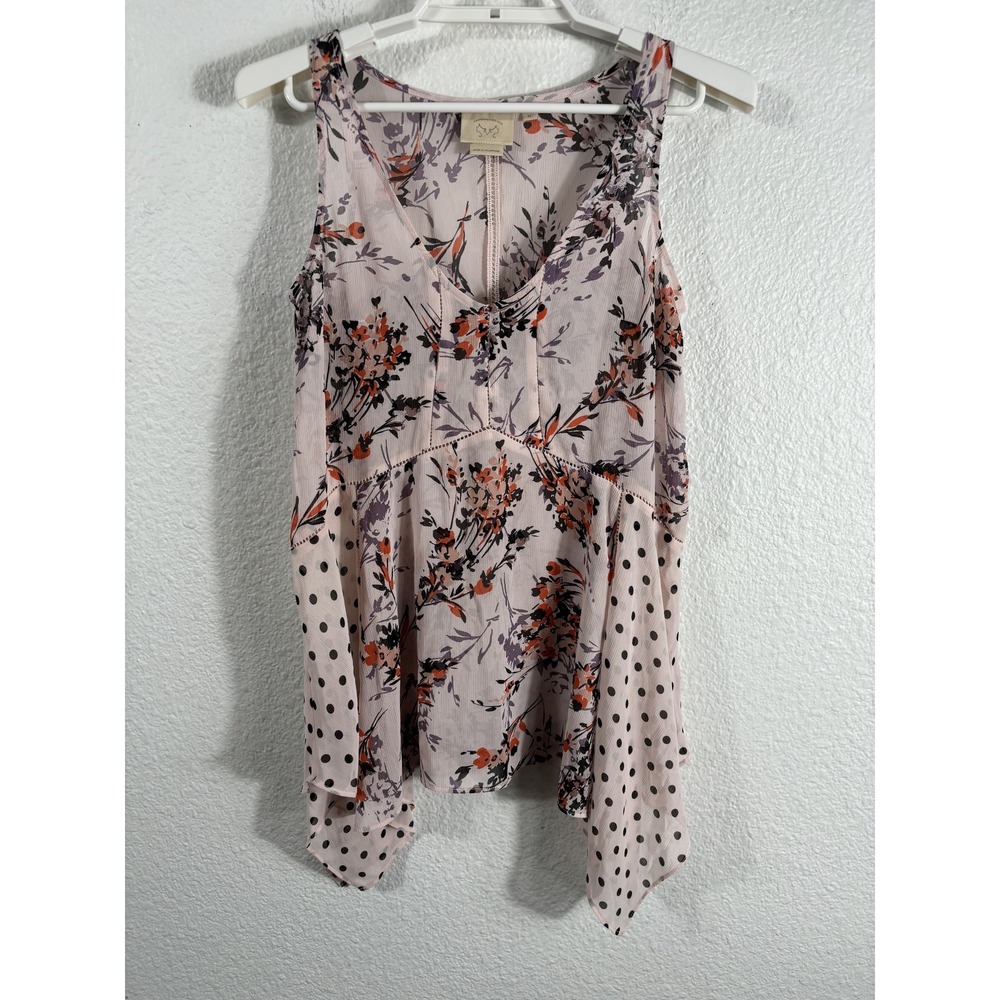 Vanessa‎ Virginia Tank Top Womens XS Pink Floral Polka Dot Sleeveless Boho Sheer